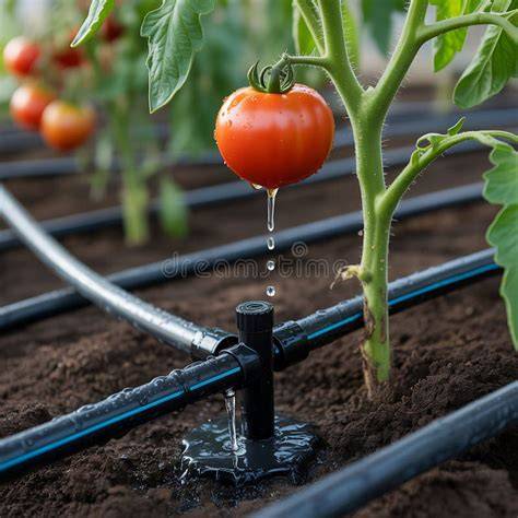 Ilustración de sistema de riego por goteo para tomates