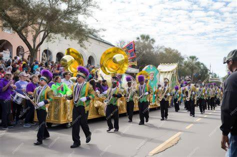 Desfile de Mardi Gras con carrozas y gente lanzando collares