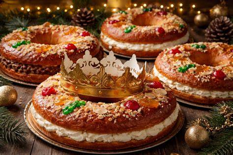 Roscones de reyes decorados con los colores del Mardi Gras