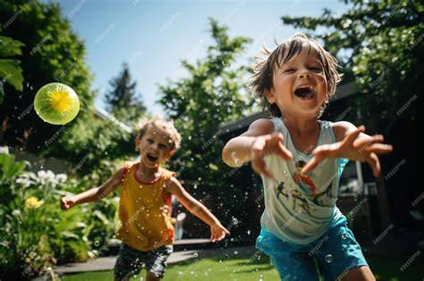 Niños pasando un globo de agua en un juego