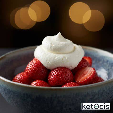 Tazón clásico de fresas frescas con nata montada artesanal