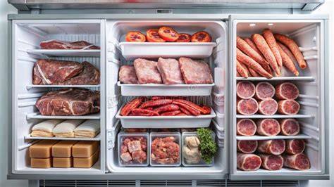 Ilustración de un congelador con diferentes tipos de carne organizada