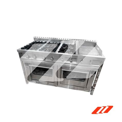 Cocina industrial de tres fuegos con horno de acero inoxidable
