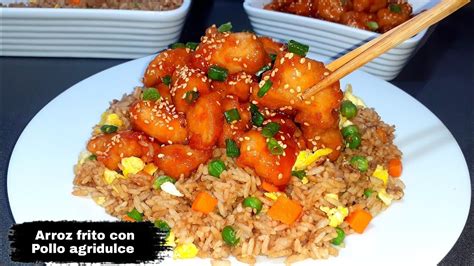 Plato de pollo agridulce con arroz y verduras