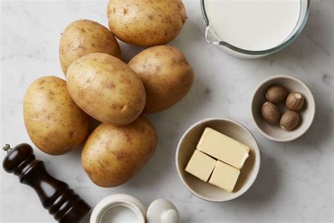 Ingredientes para puré de patatas: patatas, mantequilla, nata, queso
