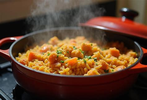 Arroz con pollo cocinándose a fuego lento