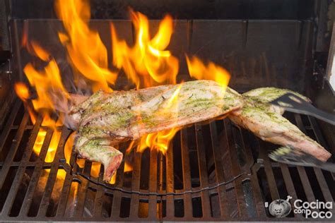 Conejo asándose en la parrilla de una barbacoa