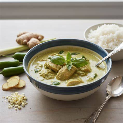 Plato de pechuga de pollo al curry verde tailandés