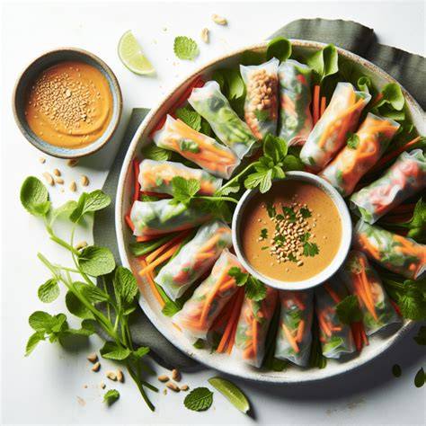 Plato de rollitos de primavera con un cuenco de salsa agridulce