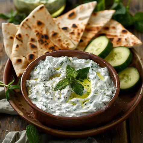 Bol de salsa tzatziki fresca decorada con menta y aceite de oliva