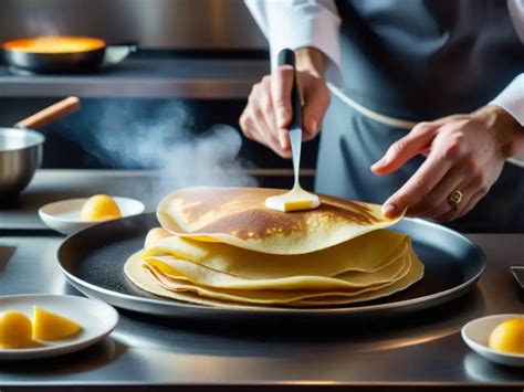 chef dando la vuelta a un crepe en una sartén con una espátula profesional