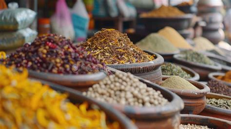 variedad de especias en sacos y recipientes de madera