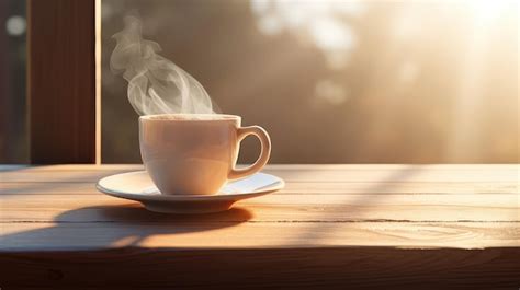 taza de café humeante sobre mesa de madera