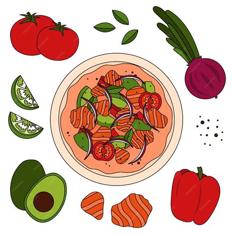 Ingredientes frescos para ceviche: salmón, aguacate, gambas, lima, cebolla morada