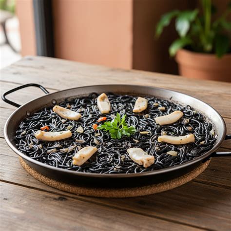 Plato de fideuá negra servida con alioli
