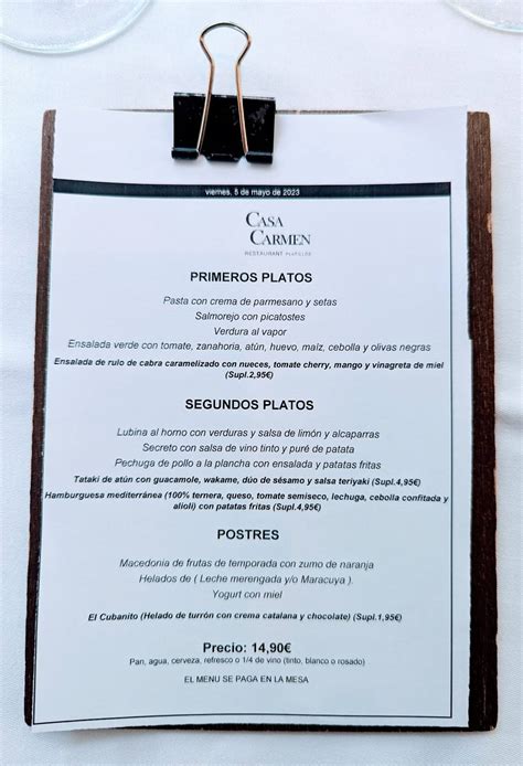 Carta de menú de Casa Clemencia