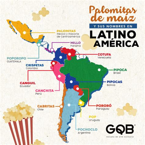 Mapa de Latinoamérica con nombres regionales para palomitas de maíz