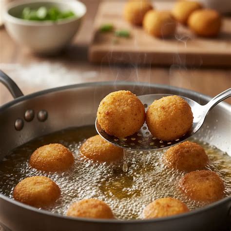 Croquetas de patata doradas friéndose en aceite