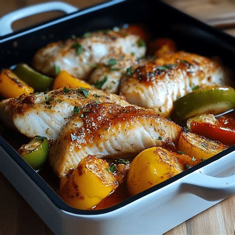 Bandeja de horno con pescado rodeado de rodajas de patata y verduras