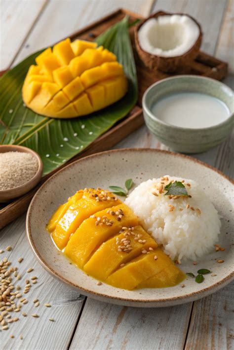 plato de arroz glutinoso con mango y salsa de coco