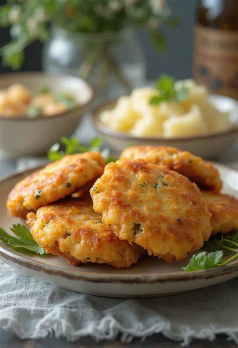 plato de tortitas de carne caseras servidas con guarnición