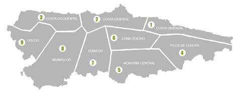 Mapa de la región de Asturias destacando las zonas de producción de quesos