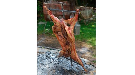 Asado a la cruz con un cordero entero asándose
