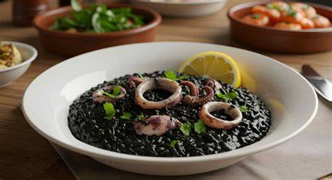 Plato de arroz negro con acompañamientos