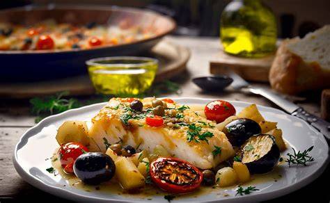 Bacalao al horno con verduras mediterráneas