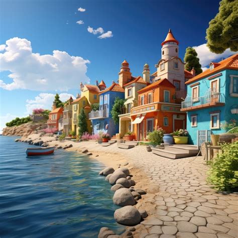 Ilustración de un pueblo costero pintoresco con una cafetería bulliciosa