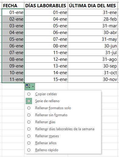 Opciones de relleno de series de fechas en Excel