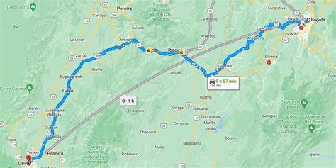 Mapa de la ruta en carretera entre Cali y Pasto