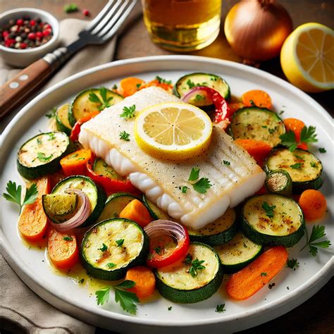Plato de merluza al horno con verduras frescas