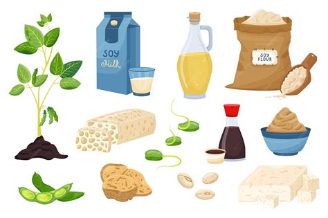 Ilustración de varios productos de soja, incluyendo bebidas vegetales y alternativas al yogur