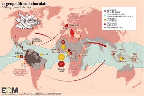 Mapa de las regiones productoras de cacao en el mundo