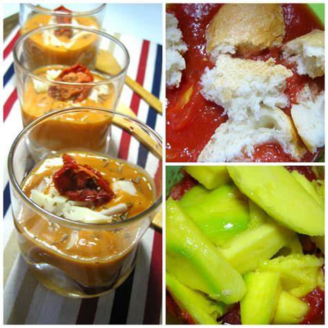 Ingredientes frescos para salmorejo de mango: tomates, mango, pan, aceite de oliva