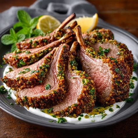 Cordero asado con costra de pistacho