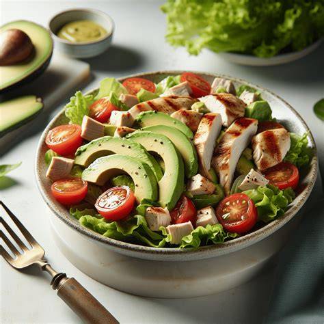 Preparación de ensalada de pollo y aguacate en un bol
