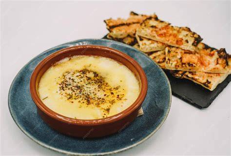 Plato de queso provolone gratinado servido en cazuela de barro