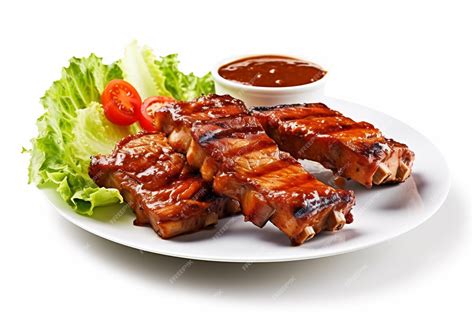 Plato de costillas a la barbacoa precocinadas con patatas y ensalada