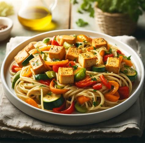 Espaguetis con tofu y brócoli