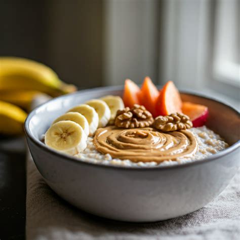 Plato de tortitas de avena con plátano y crema de cacahuete