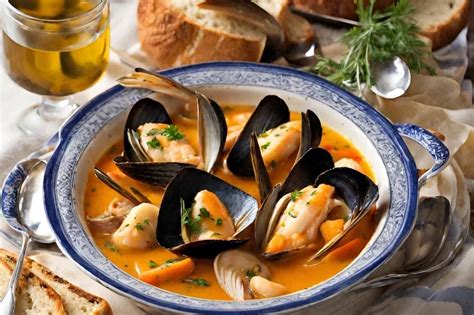 Plato tradicional de bouillabaisse servido con pan tostado y salsa rouille