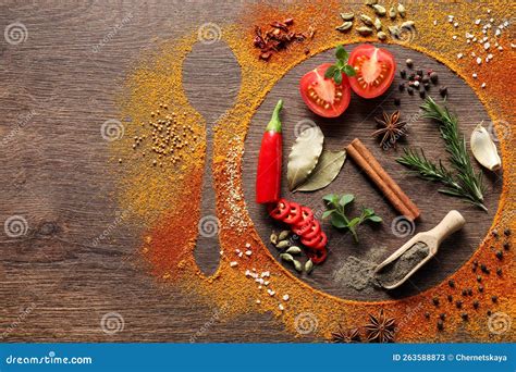 Ingredientes frescos y especias sobre una mesa de madera
