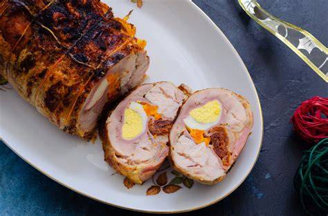 Proceso de enrollar el arrollado de pollo con relleno