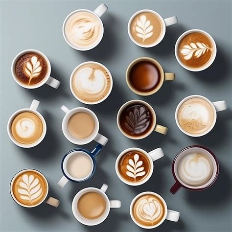 Varias tazas de café: espresso, cappuccino, latte
