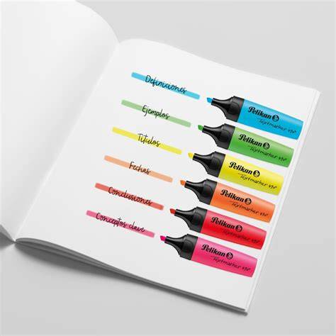 Gráfico comparativo de subrayadores fluorescentes con diferentes características (trazo, tinta, etc.)