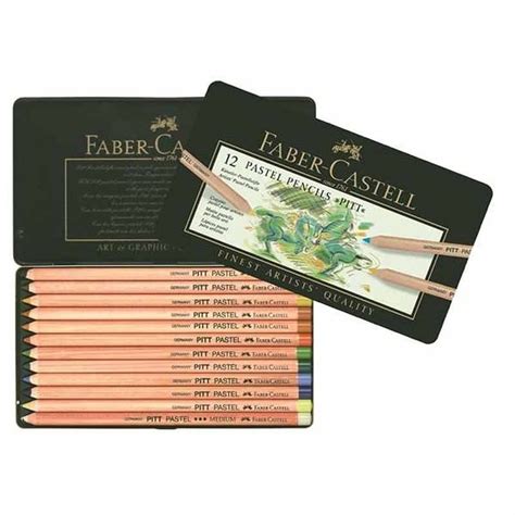 Estuche de metal abierto mostrando los 60 lápices pastel Faber-Castell Pitt