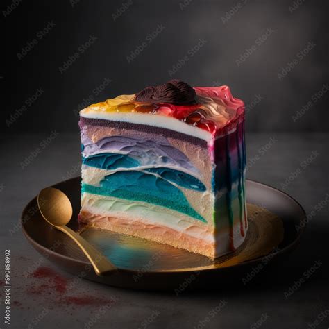 Tarta de arcoíris cortada, mostrando las capas de colores