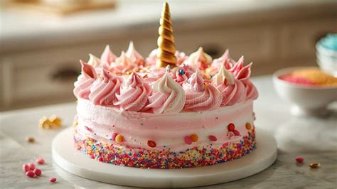 Tarta de unicornio decorada con cuerno dorado y rosetones de colores